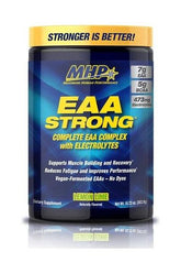 MHP EAA Strong supplement featuring 7g essential amino acids, 5g BCAA, and 473mg electrolytes in lemon lime flavor.